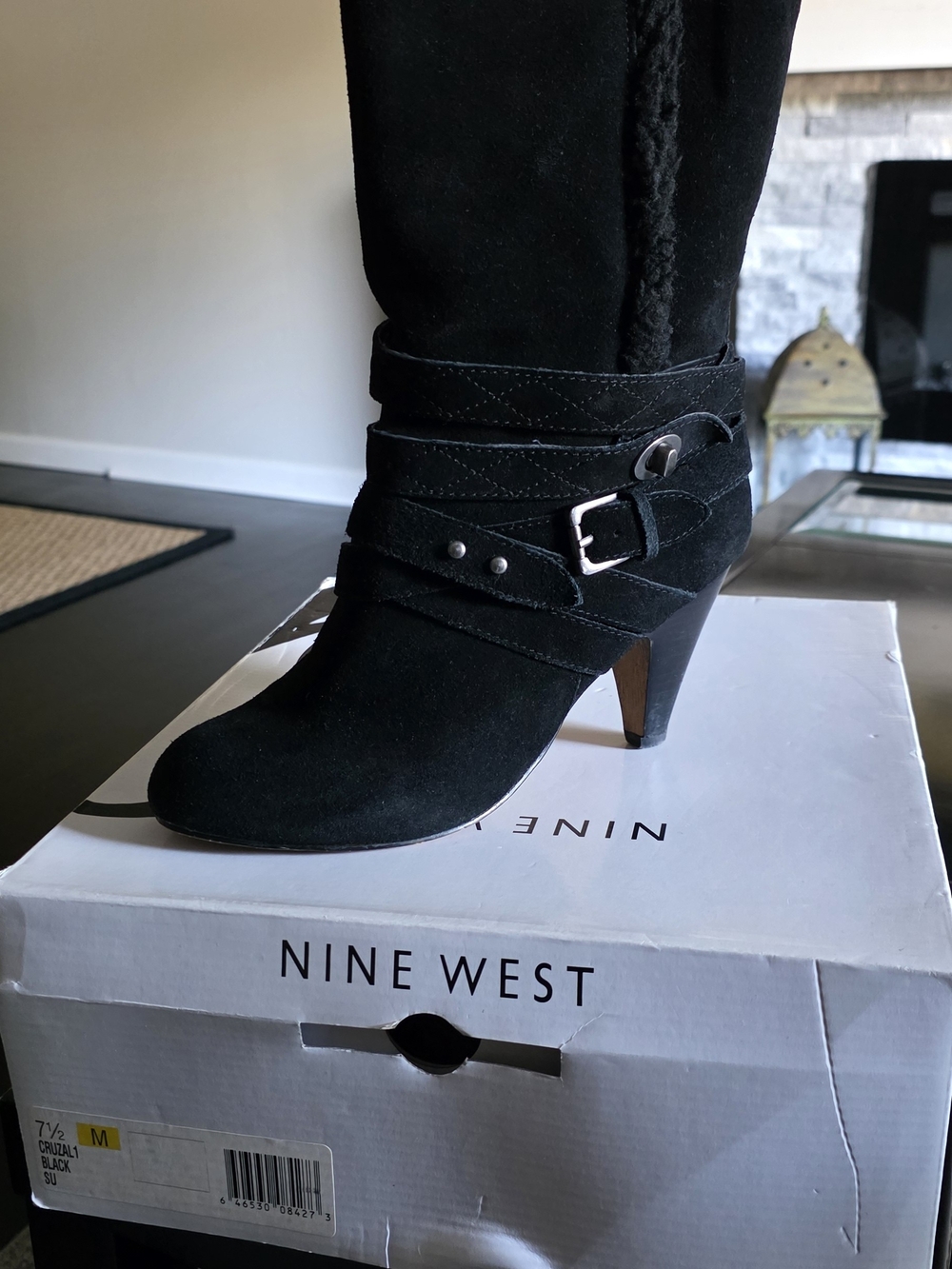 Nine West Black Suede Buckle Strap Mid-Heel Ankle Boots
